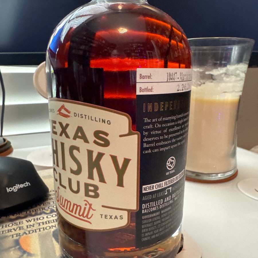 Balcones true blue cask, strength, single barrel, straight corn whisky - Texas, whiskey club Summit - Barrel 10447 Married into used bourbon - 2/26/20