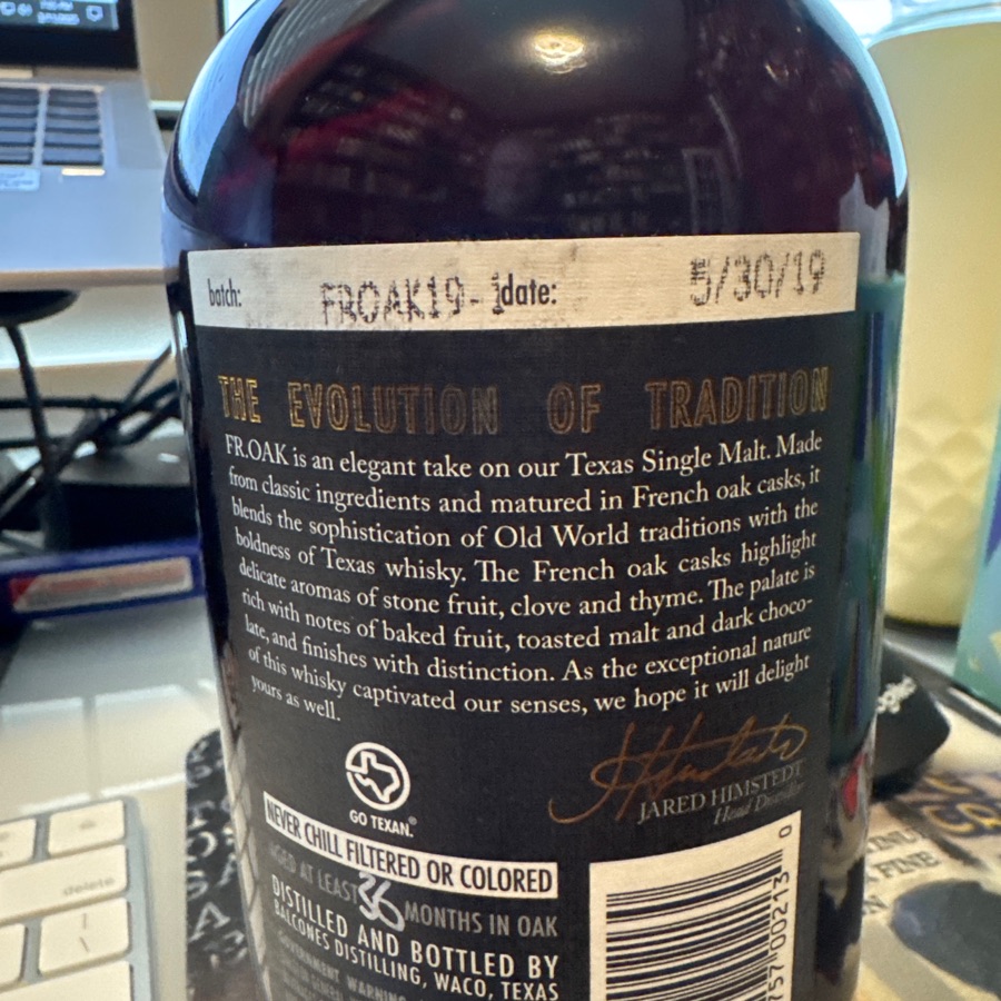 Balcones Texas Single Malt Fr.Oak - FROAK19-1 - 5/30/19