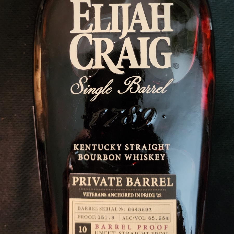 Elijah Craig Single Private Barrel, Veterans Anchored In Pride' 25, Barrel Serial No#6643693, Proof 131.9, 10Yr