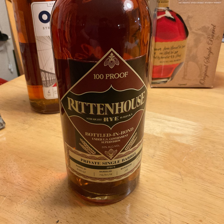 Rittenhouse Straight Rye Whiskey Botted-In-Bond Private Single Barrel Barrel No. 8082169 Barreled 06/20/18 Rickhouse H2 Floor 3 (Spec's 2023)