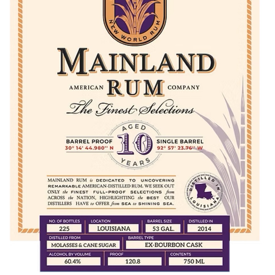 Mainland American Rum Company Aged 10 Years Single Barrel Location Louisiana