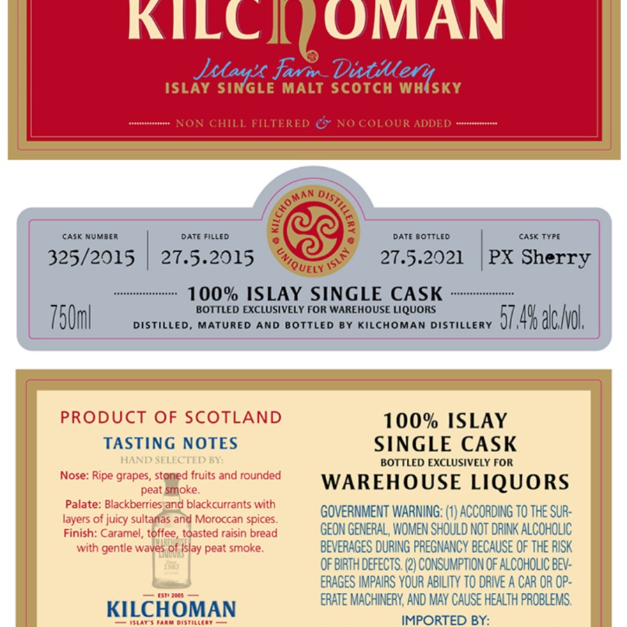 Kilchoman 100% Islay Single Cask 325/2015 (Warehouse Liquors)