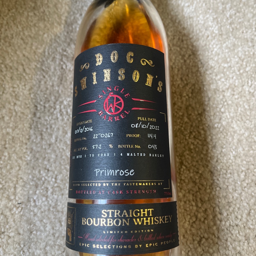Doc Swinson's Single Barrel Cask Strength Straight abourbon Whiskey