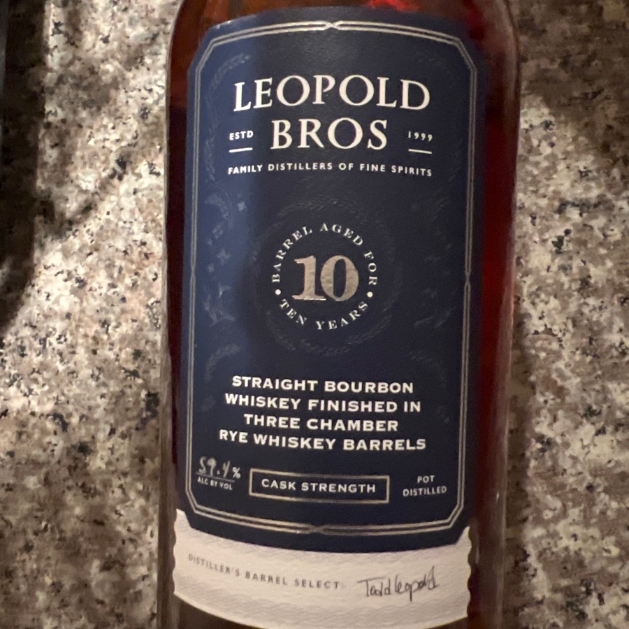 Leopold Bros 10 year Bourbon finished in three chamber rye barrels