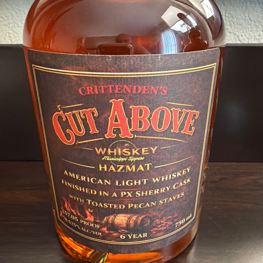 Cut Above Crittenden's (HAZMAT- American light whiskey) finished in PX Sherry cask with toasted pecan staves