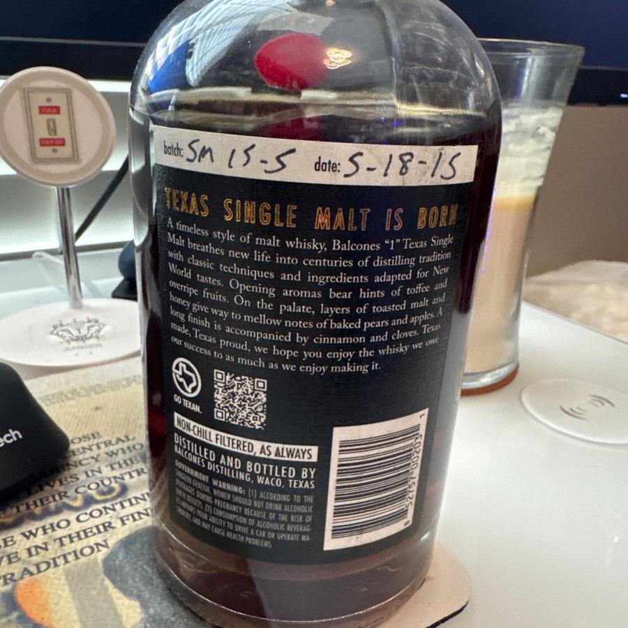 Balcones Texas, single malt whisky SM15-5. 5/18/15