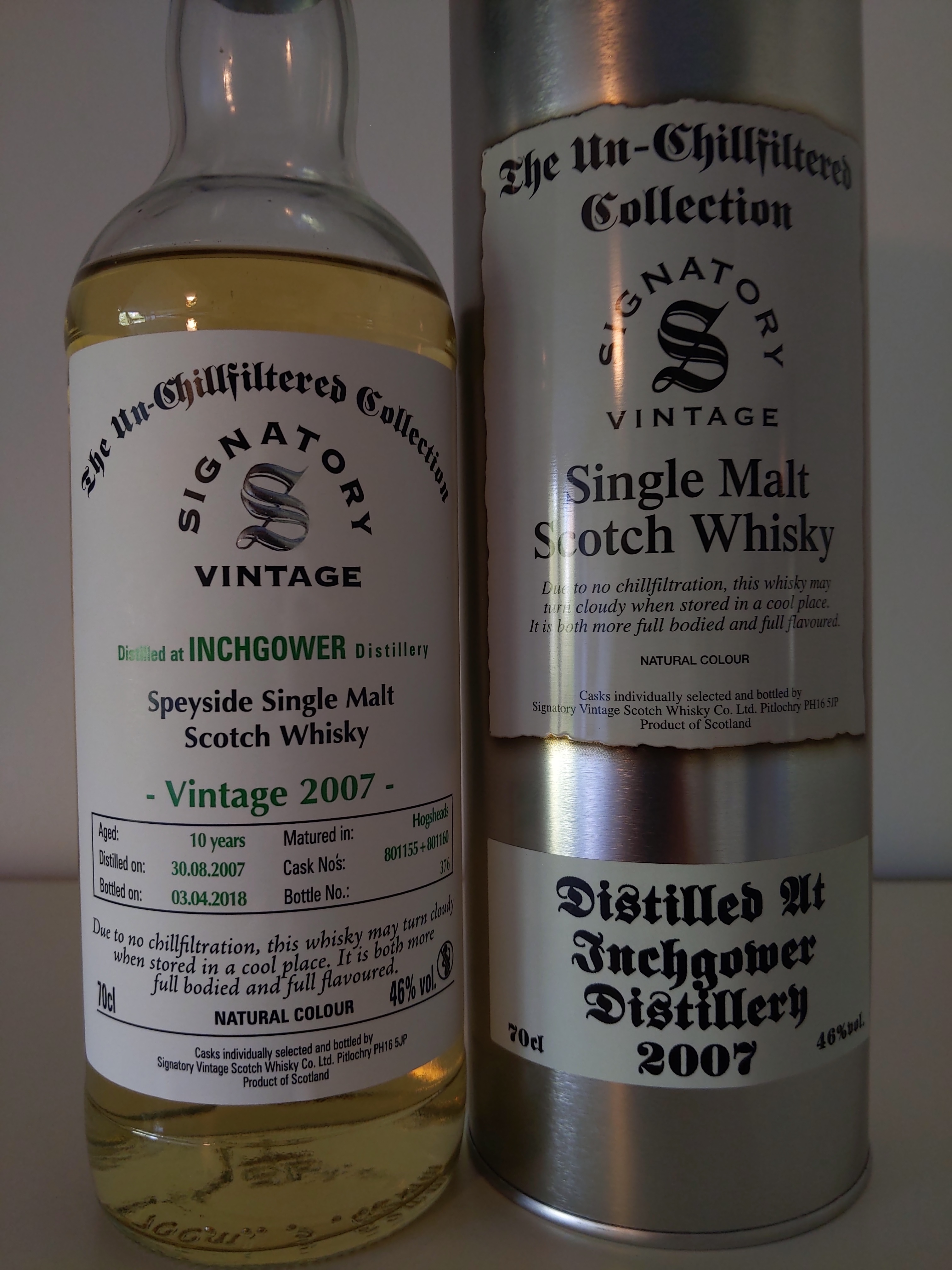 Inchgower 2007 10 Year Un-chillfiltered Collection (Signatory)