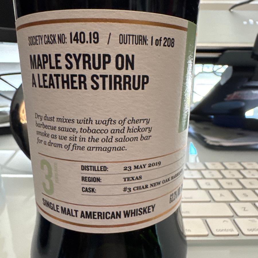 Single malt whiskey Society, 140.19, maple syrup on a leather stirrup