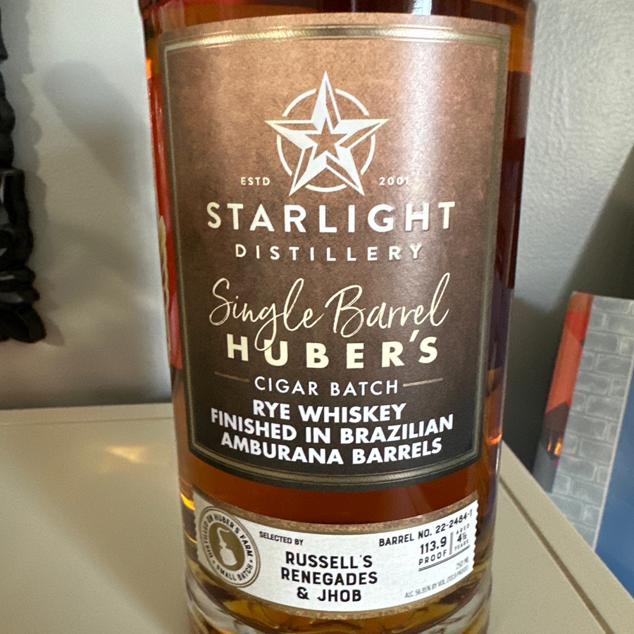 Starlight Single Barrel Huber's Rickhouse Cigar Batch Rye Whiskey Finished in Brazilian Amburana Barrels