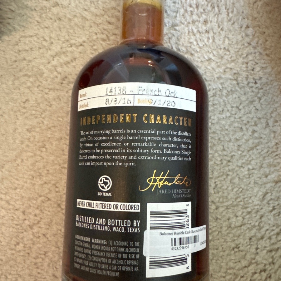 Balcones Rumble Cask Reserve - Barrel 14138 - Total Wine pick - 9/1/20