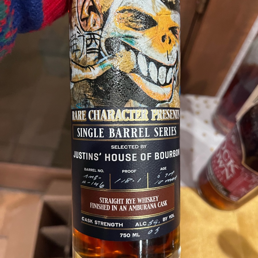 Rare Character Presents Single Barrel Series Selected By Justin's House Of Bourbon Straight Rye Whiskey Finished In An Amburana Cask (Barrel No. Amb-12-146 Age 6 Yr 10 Months)