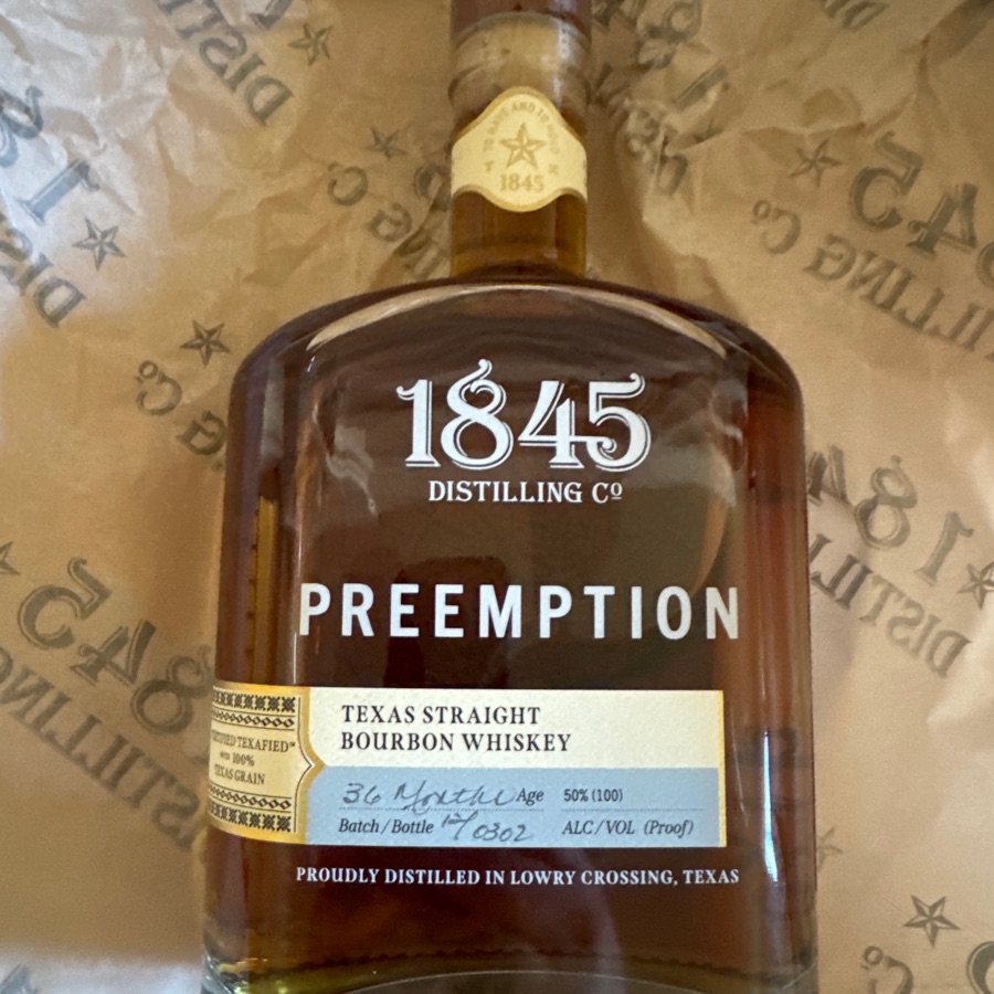 1845 Distilling Preemption Texas Straight Bourbon Whiskey Batch 12 Bottle 302