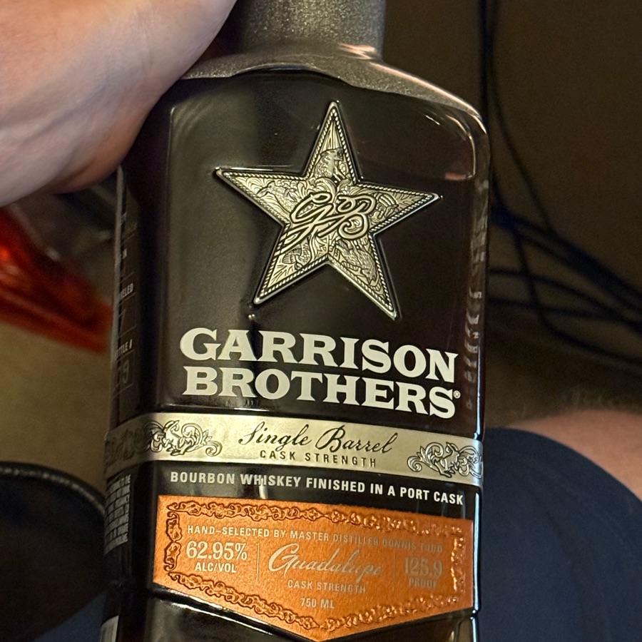 Garrison Brothers Single Barrel Cask Strength Bourbon Whiskey Finished In A Port Cask Hand Selected By Master Distiller Donnis Todd Guadalupe Cask Strength (Barrel # 173)