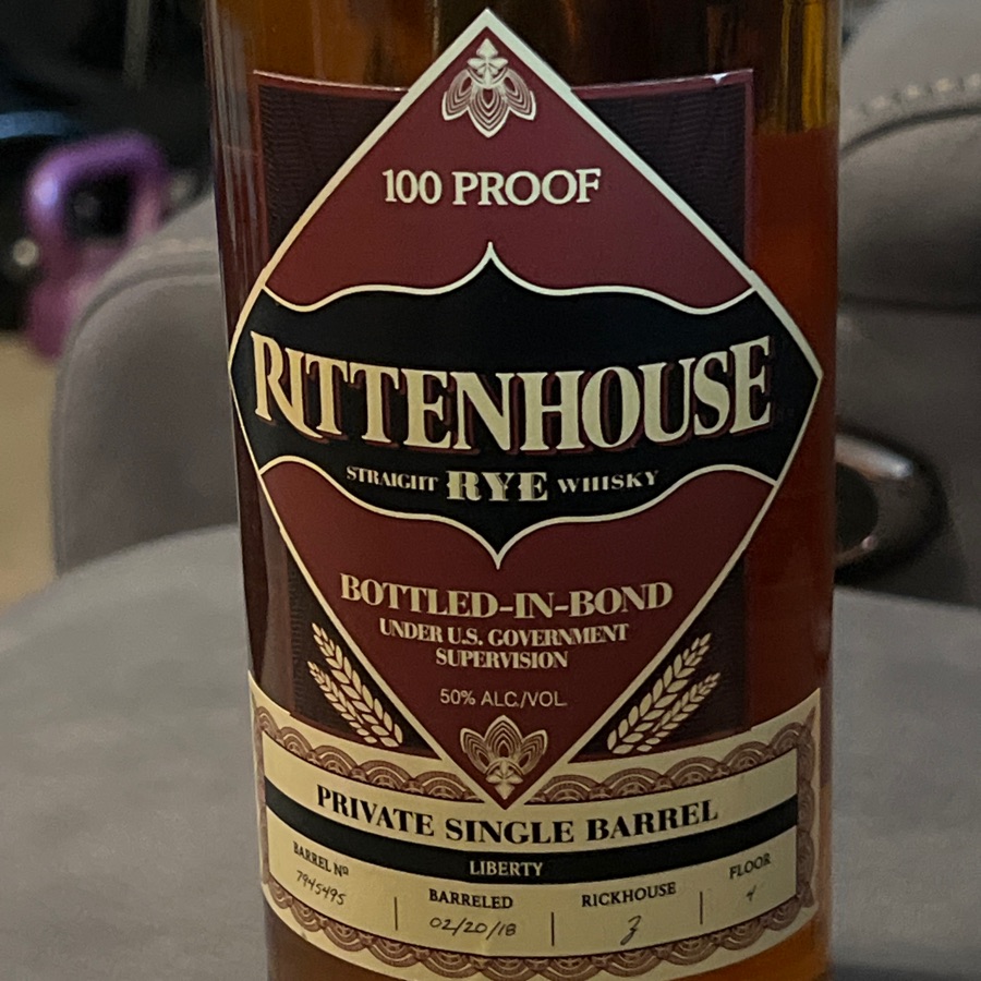 Rittenhouse Straight Rye Whiskey Bottled-In-Bond Private Single Barrel "Liberty" Barrel No. 7945495 Barreled 02/28/18 Rickhouse 3 Floor 4