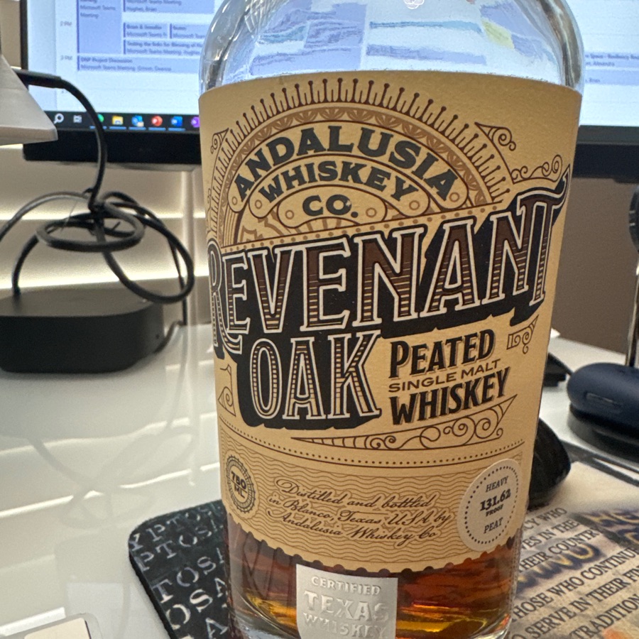 Andalusia whiskey Company revenant Oak peated, single malt whiskey, heavy Peat