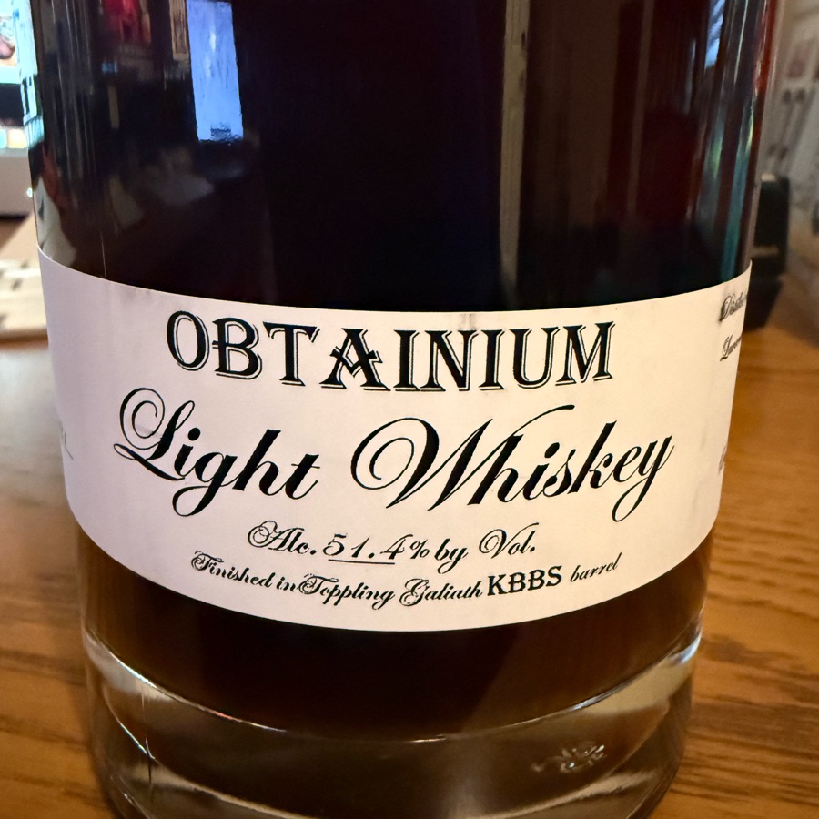 Obtainium Light Whiskey Finished in Toppling Goliath KBBS Barrel (Stored 13 years in a used charred oak barrel, Bottled on 7/19/2021, Distilled on 7/11/2007 by Lawrenceburg Distillers Indiana, Barrel # SC-00243)