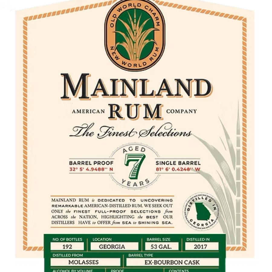 Mainland American Rum Company Aged 7 Years Single Barrel Location Georgia