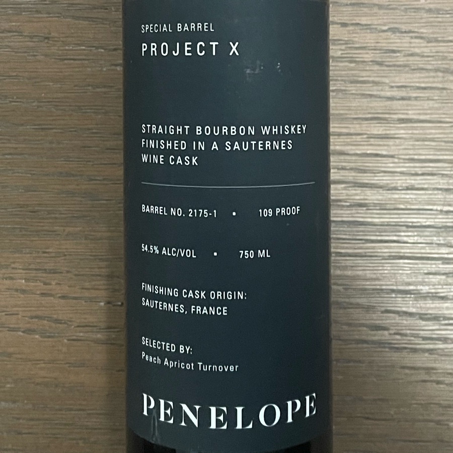 Penelope Project X Straight Bourbon Whiskey Finished In Sauternes Wine Cask - Peach Apricot Turnover