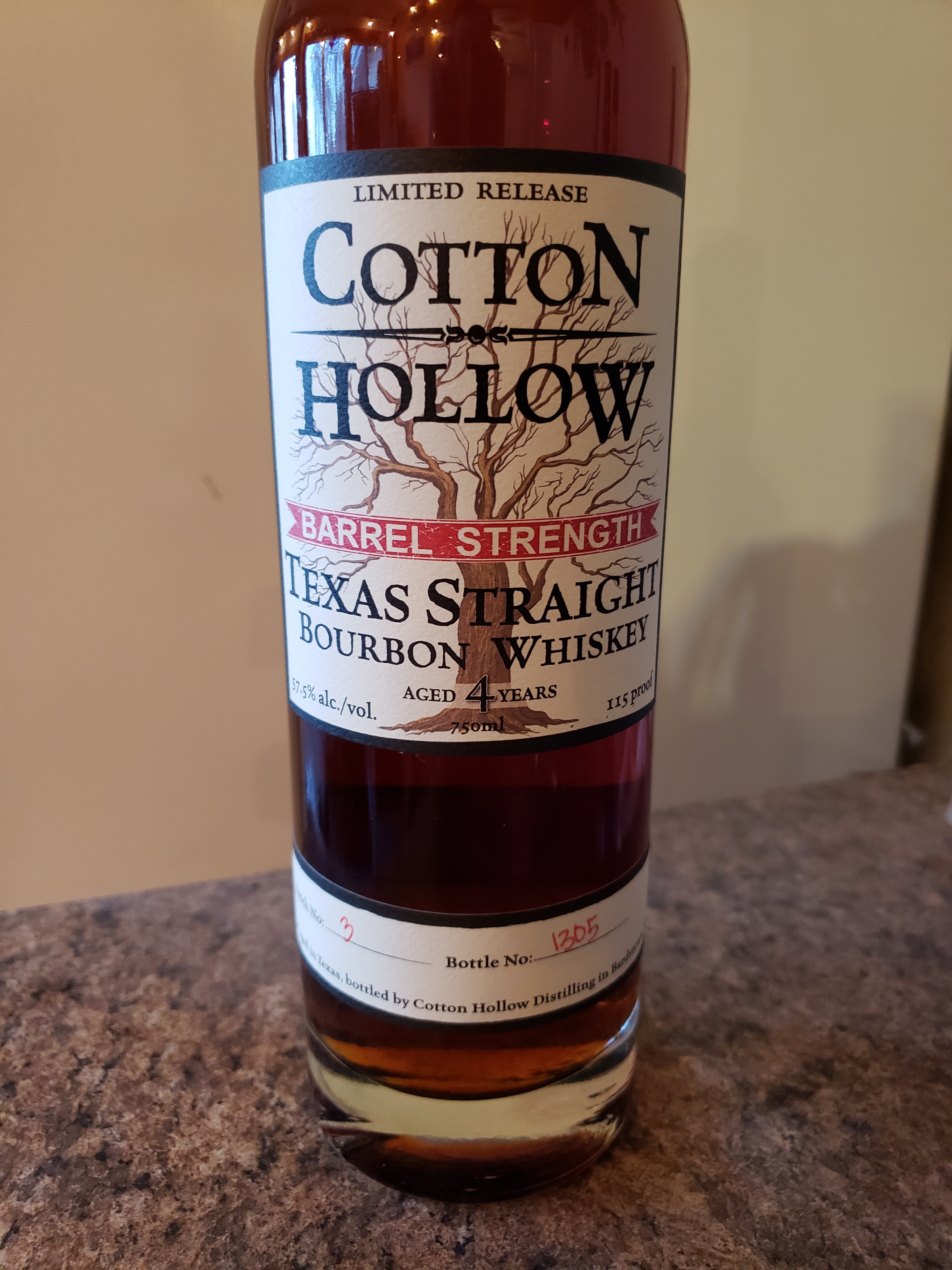 Cotton Hollow Barrel Strength Texas Straight Bourbon Whiskey Aged 4 Years