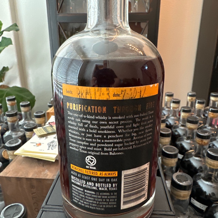 Balcones brimstone, Texas scrub oak smoked whiskey brimstone, Texas scrub oak smoked whisky - BRM17-3 - 7/10/17