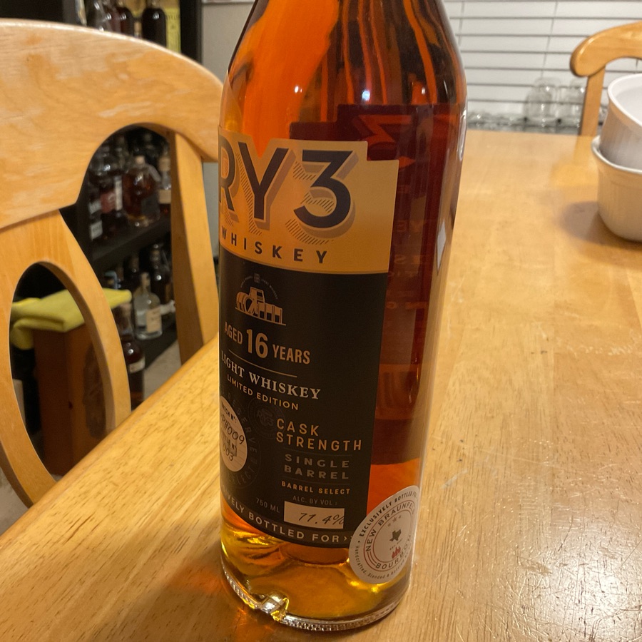RY3 Whiskey Aged 16 Years Light Whiskey Limited Edition Cask Strength Single Barrel Barrel Select Batch No: PR#009 (New Braunfels Bourbon)