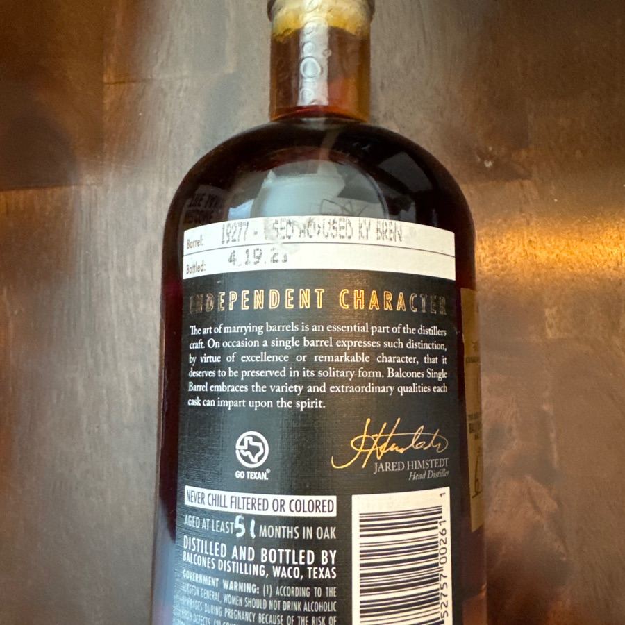 Balcones True Blue Cask Strength - Distillery Release Single Barrel 19277 - 4/19/21