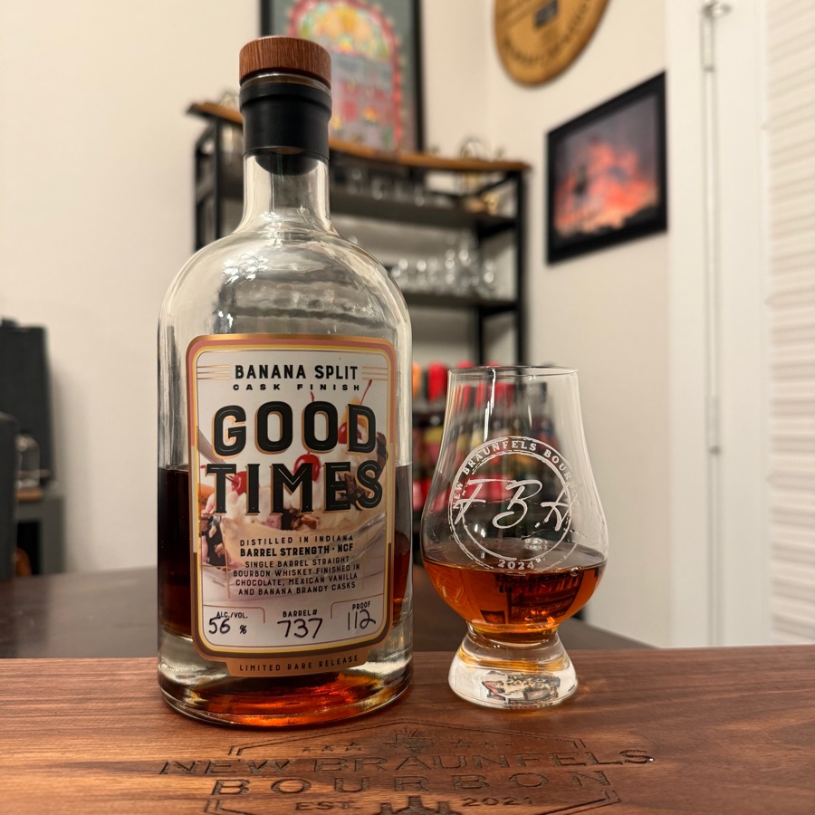 Good TImes Banana Split Cask Finish Single Barrel Straight Bourbon Whiskey Finished in Chocolate, Mexican Vanilla and Banana Brandy Casks Barrel Strength NCF Limited Rare Release (New Braunfels Bourbon Barrel # 737)