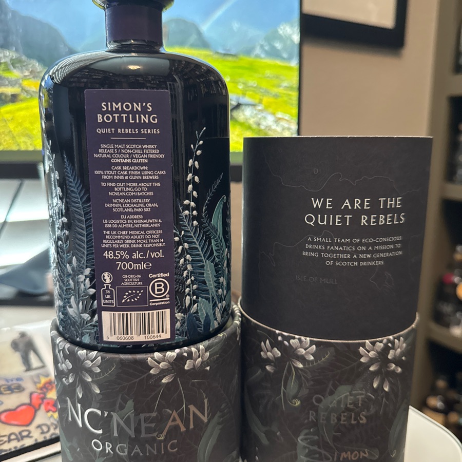 Nc'Nean Organic single malt scotch whisky. Quiet rebels: Simon.. aged in Innis & Gunn stout cask