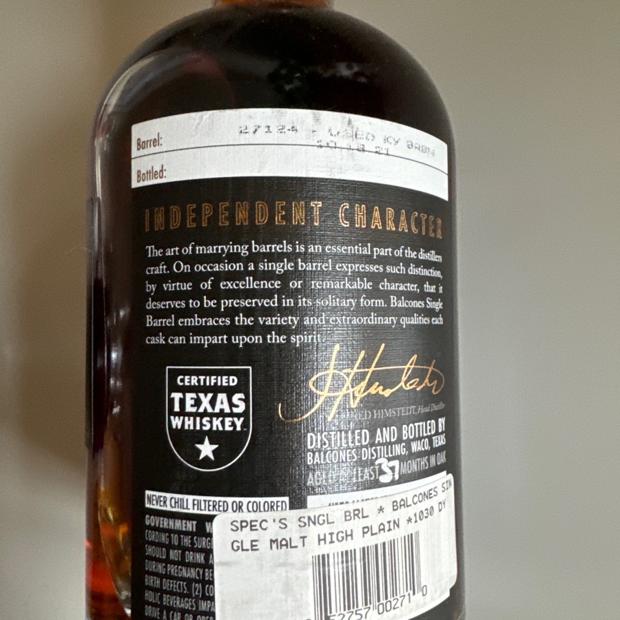 Balconss High Plains Texas Single Malt Whisky Single Barrel 27124 - Spec's Pick