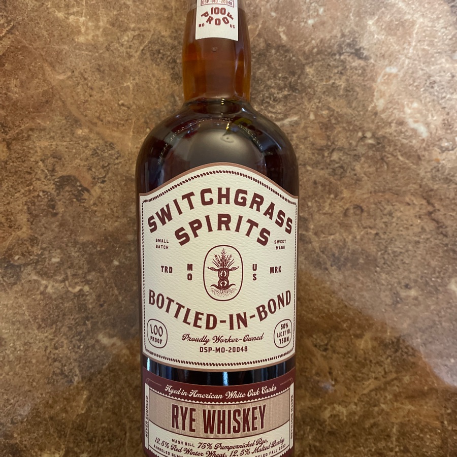 Switchgrass Spirits Bottled In Bond Rye Whiskey