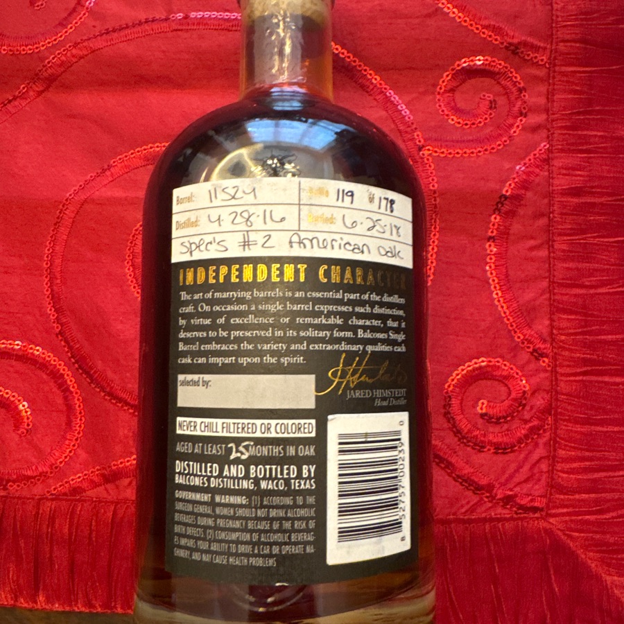 Balcones Texas Single Malt Whisky Single Barrel - Spec's #2 pick - Barrel 11524 a 6/25/18