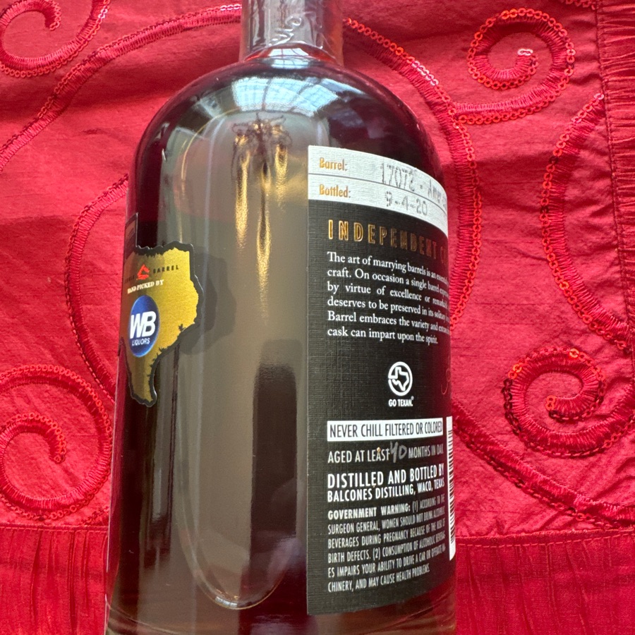Balcones Texas Rum - Single Barrel 17072 - WB Liquor pick - 9/4/20