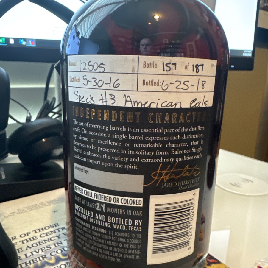 Balcones Single Malt Single Barrel Spec's Release - Barrell 12505 - 6/25/18