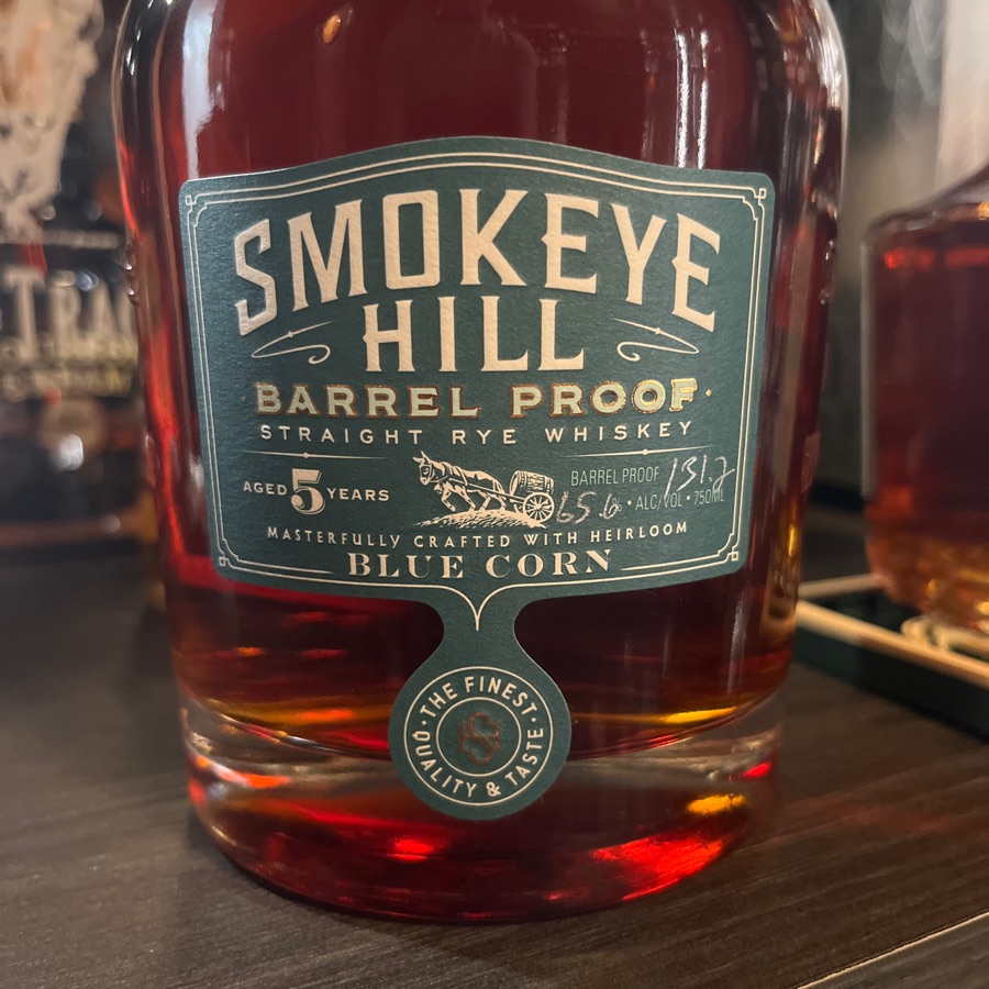 Smokeye Hill barrel proof blue corn, five year straight, Rye Whiskey