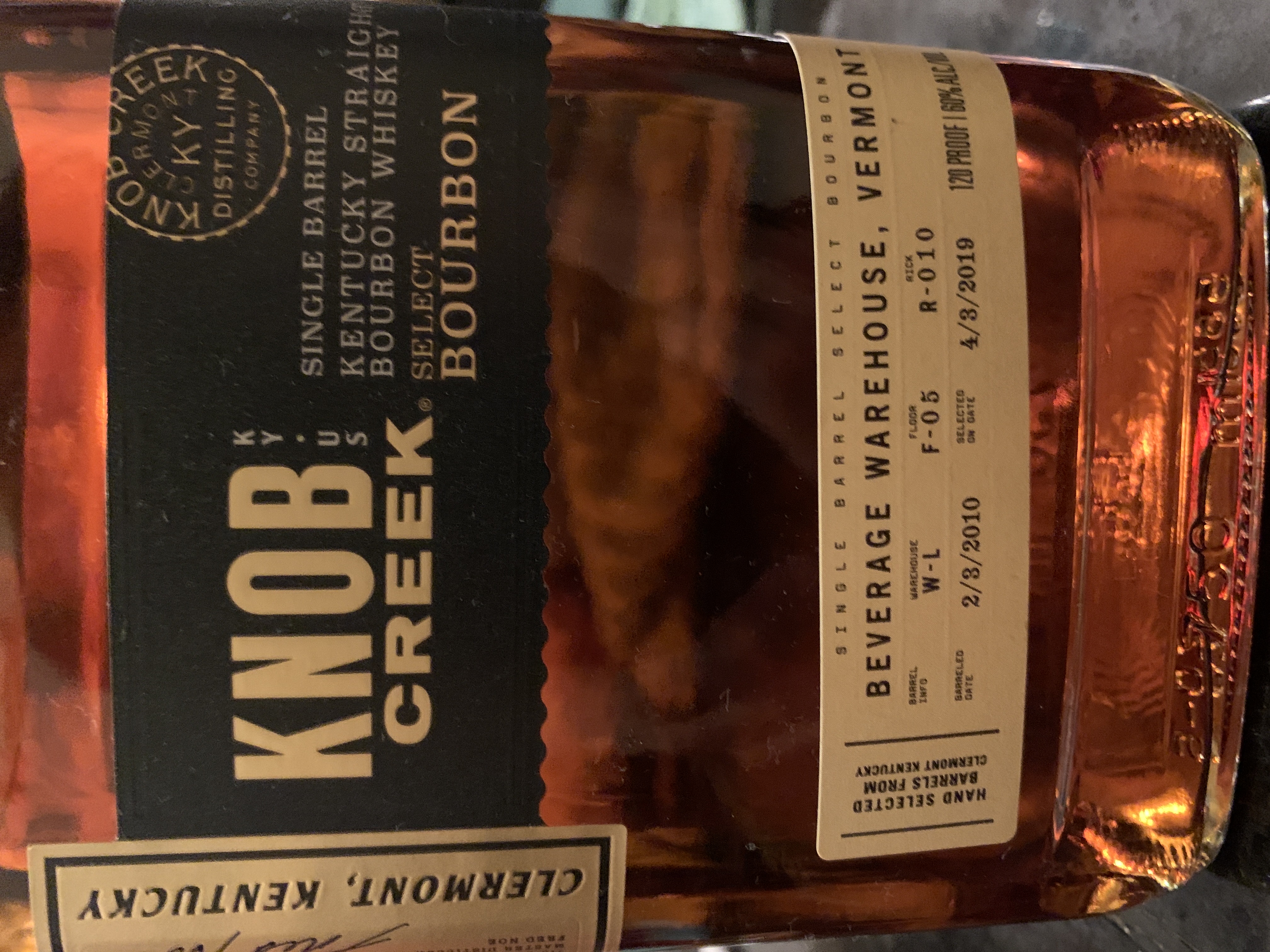 Knob Creek Single Barrel Select Bourbon W-L F-05 R-010 (Vermont Beverage Warehouse)