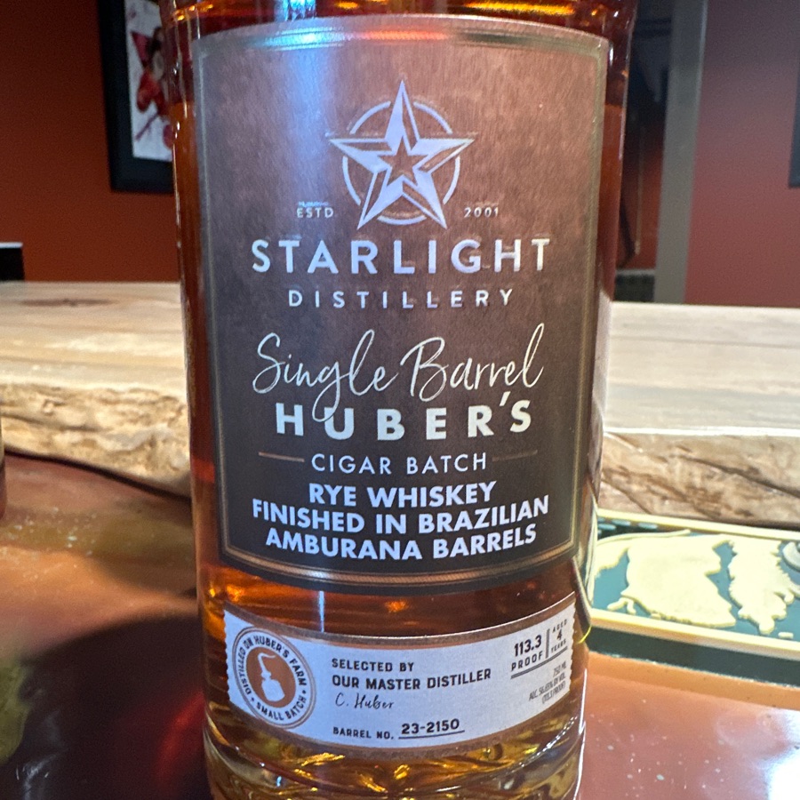 Starlight Distillery Single Barrel Huber's Cigar Batch - Rye Whiskey Aged in Brazilian Amburana Barrels