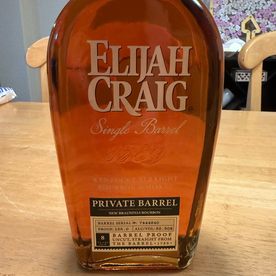 Elijah Craig Single Barrel Kentucky Straight Bourbon Private Barrel (New Braunfels Bourbon) Barrel Serial # 7444840 Barrel Proof Uncut, Straight From The Barrel