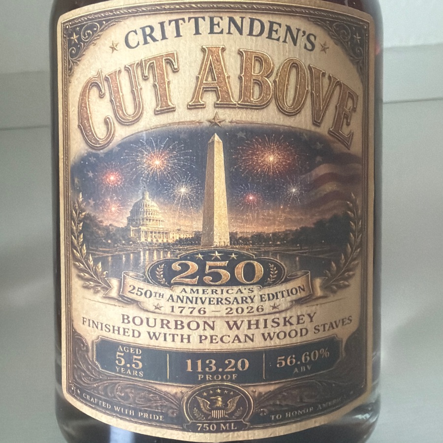 Crittenden's Cut Above (250th anniversary edition) bourbon whiskey finished with pecan wood staves