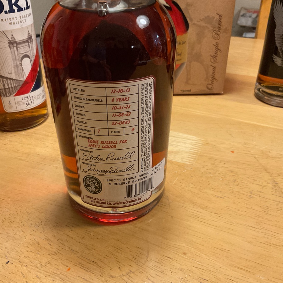Russell's Reserve Private Barrel Selection Single Barrel Non-Chill Filtered Kentucky Straight Bourbon Whiskey Distilled: 12-10-13 Stored in Oak Barrels: 8 Years Barrel #: 22-0683 Selected By: Eddie Russell For Spec's Liquor