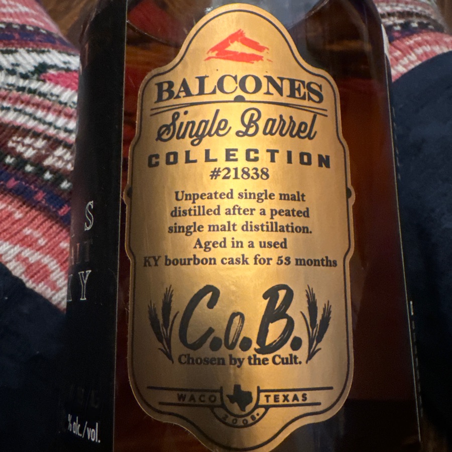 Balconss Texas Single Malt Whisky Single Barrel 21838 - C.o.B pick - unpeated single malt distilled after peated, aged in used KY bourbon cask