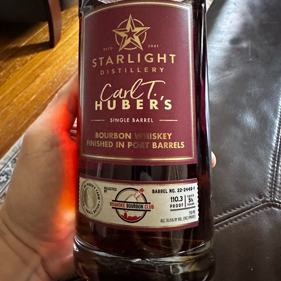 Starlight Single Barrel Carl T. Huber's Bourbon Whiskey Finished in Port Barrels (Roanoke Bourbon Club Pick)