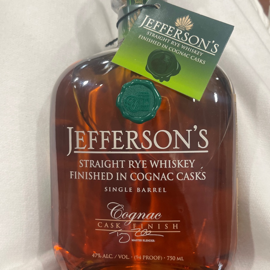 Jeffersons straight Rye whiskey finished in a cognac cask, single barrel