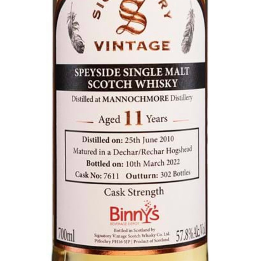 Signatory Mannochmore 11 year old Dechar/Rechar Hogshead # 7611 Binny's Handpicked 2010