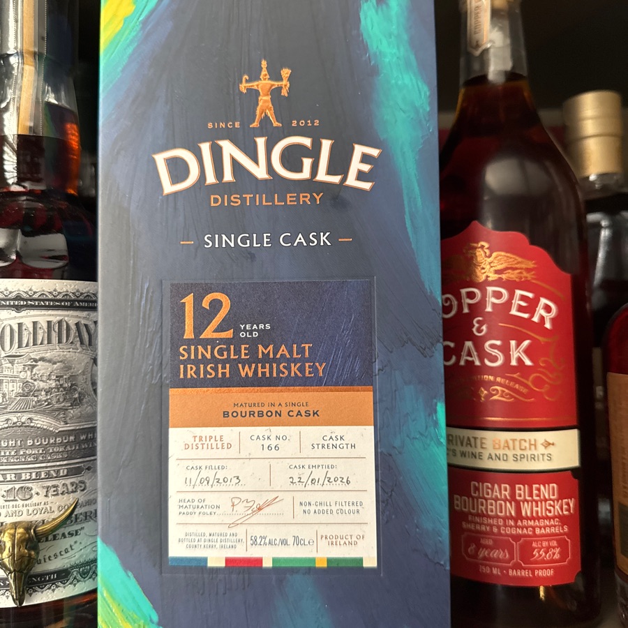Dingle 12 year old Single Malt Irish Whiskey - Bourbon Cask finish Cask No166; filled 9/11/13, bottled 1/22/26